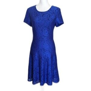 Gibson Latimer royal blue lace overlay short-sleeve midi dress - lined - M